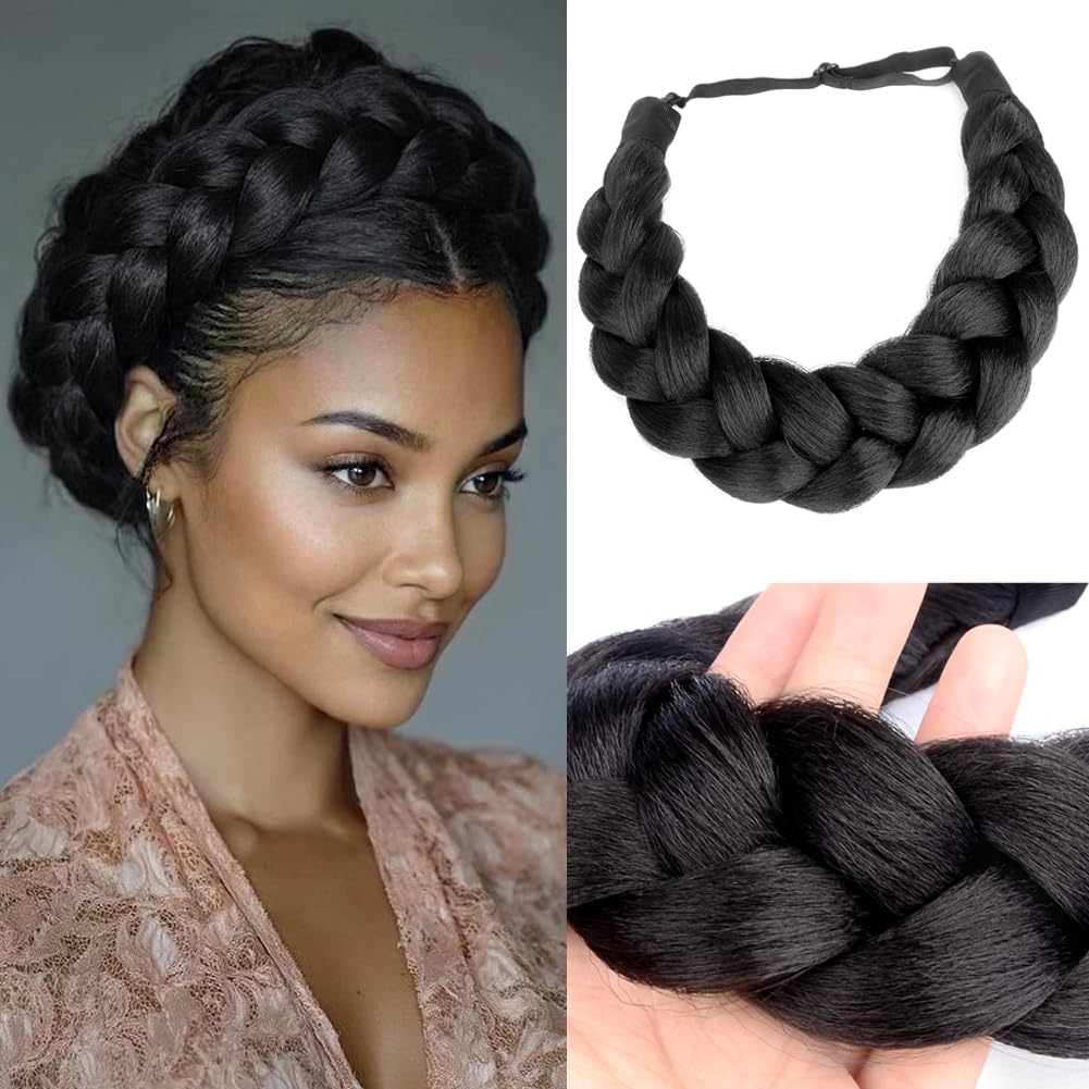 DIGUAN thick wide 2-strands braided headband showing natural black synthetic hair texture, ready to wear.