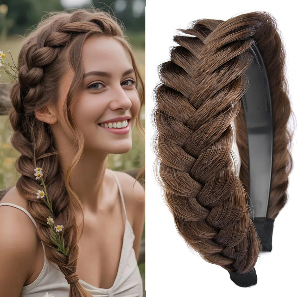 DIGUAN wide messy braided headband close-up shows textured chestnut synthetic hair for quick styling