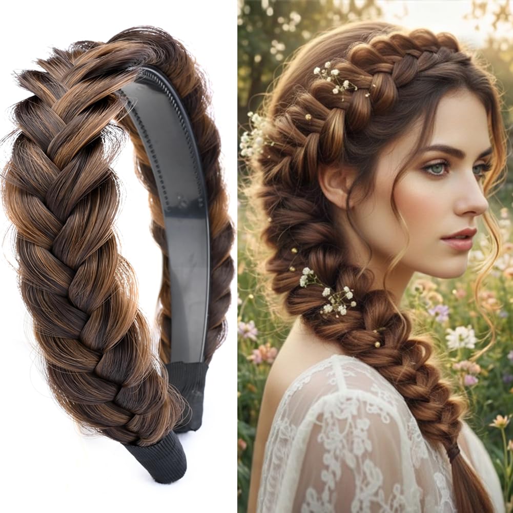 DIGUAN wide messy braided headband Chocolate Toast, front view for everyday styling