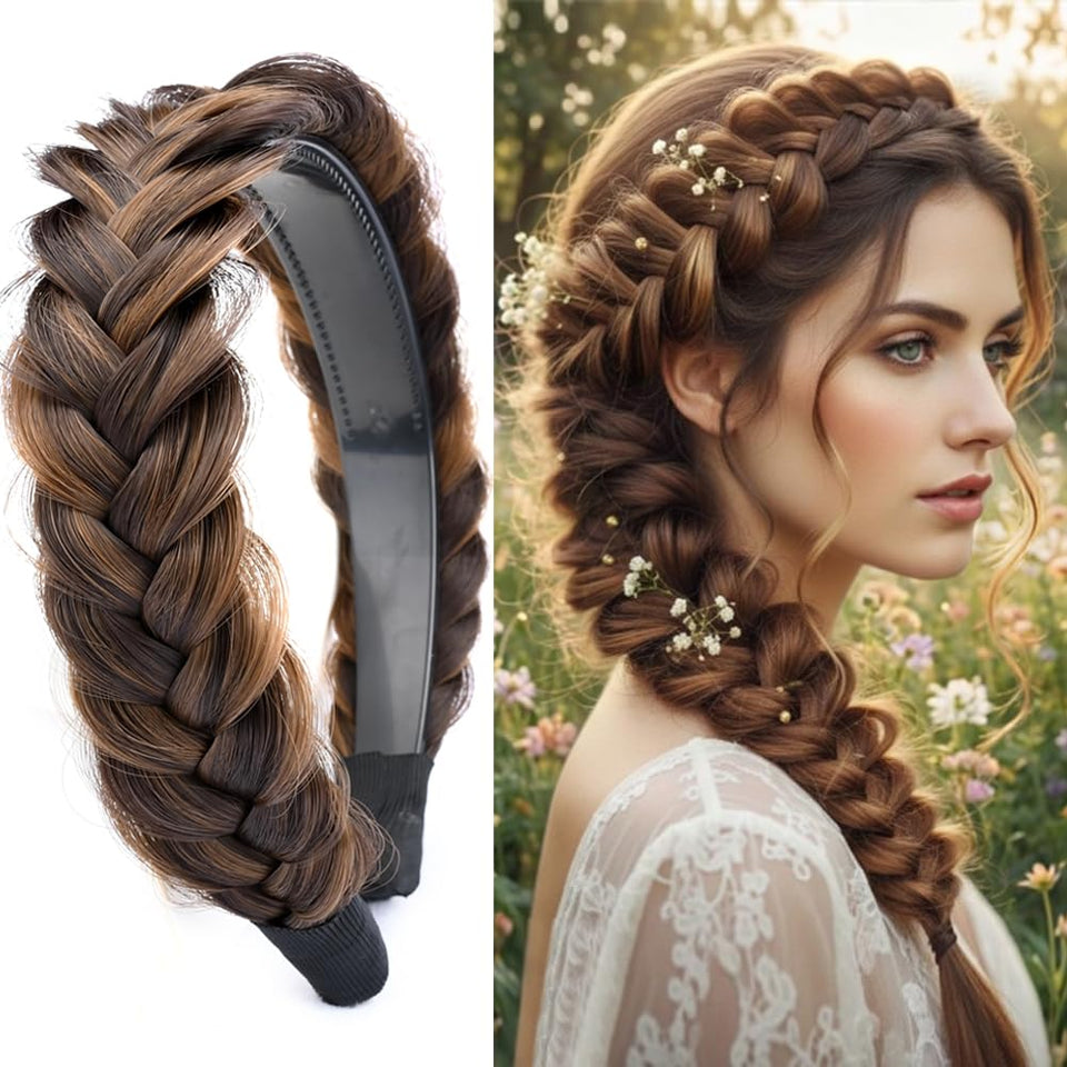 DIGUAN wide messy braided headband Chocolate Toast, front view for everyday styling