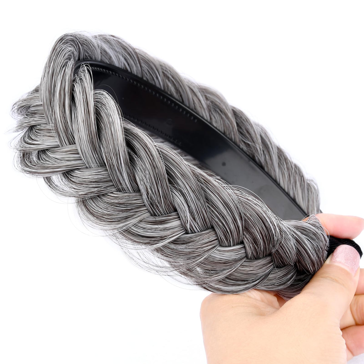 DIGUAN salt pepper synthetic plaited headband adds natural-looking texture.