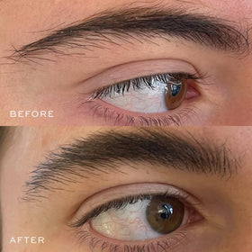 DIME Beauty eyebrow closeup shows clear, non-sticky finish for a natural look.