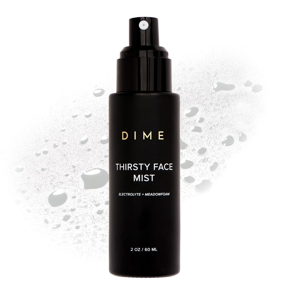 DIME Thirsty Face Mist bottle-front view shows hydration and glow