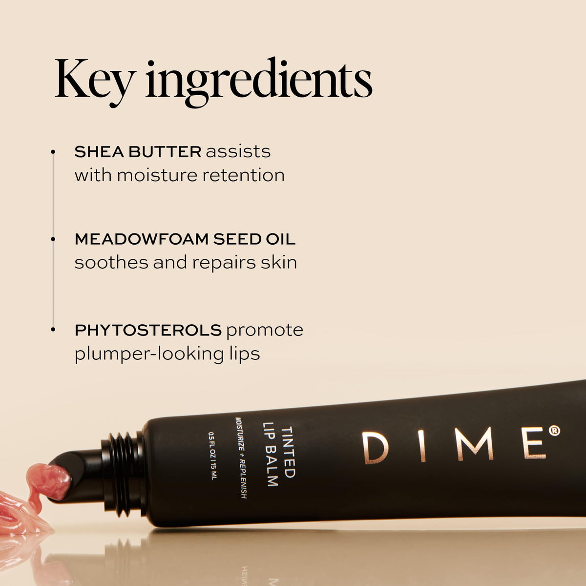 Glossy Desert Rose finish on lips with smooth, hydrated texture.