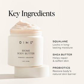 DIME Biome Body Butter on hands demonstrating smooth absorption and lasting comfort.