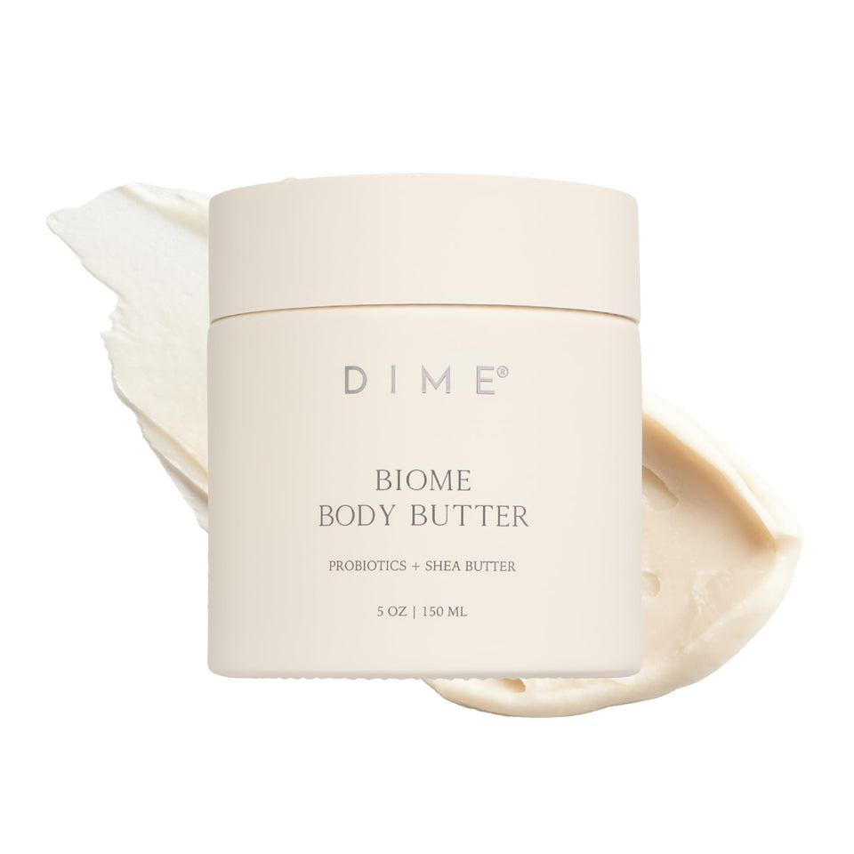 DIME Biome Body Butter jar delivering rich hydration for dry skin.
