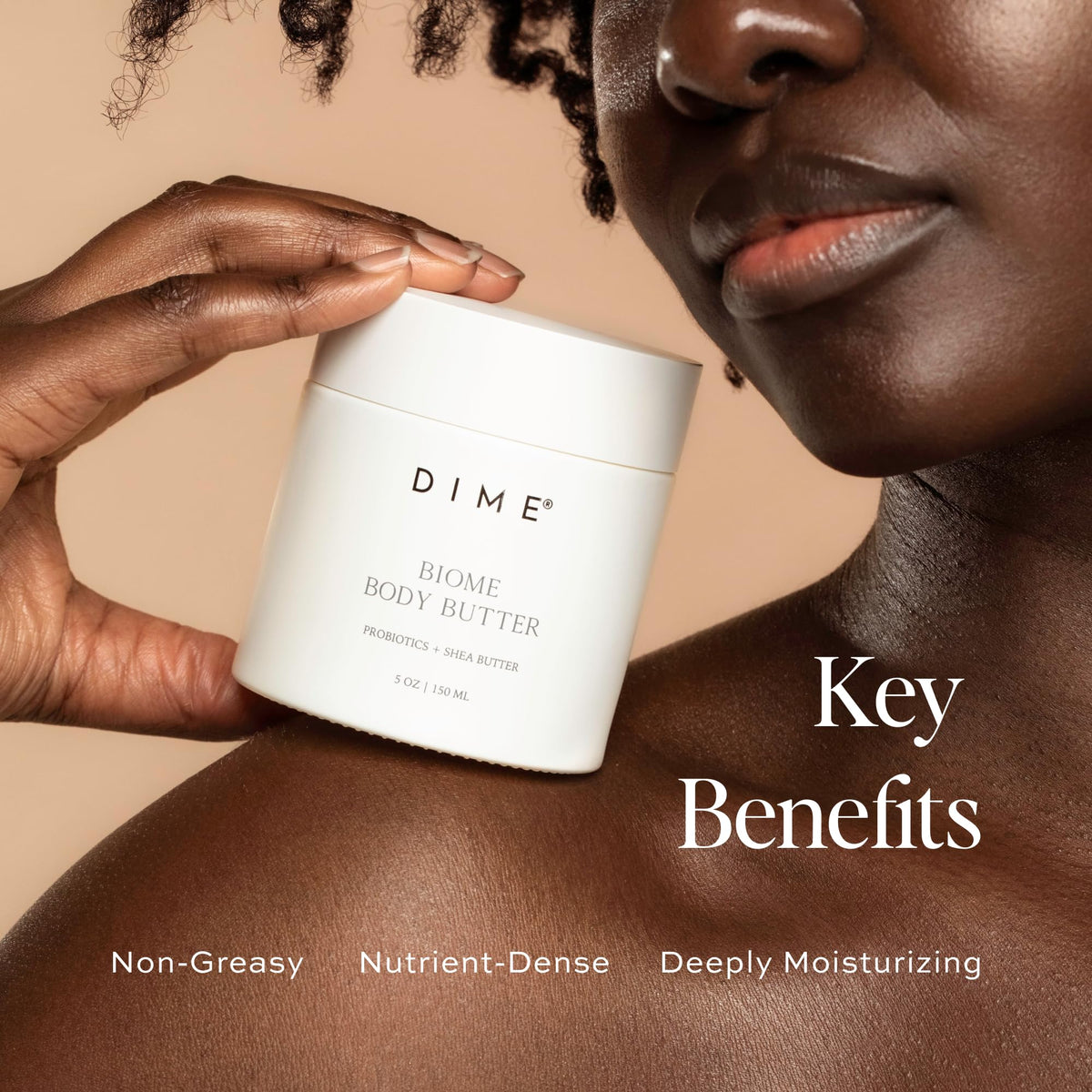 DIME Biome Body Butter texture close-up showing whipped richness for deep moisturization.