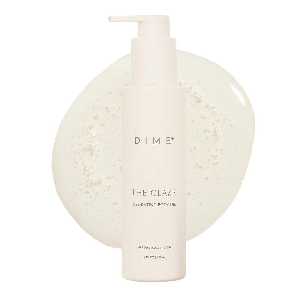 DIME Glaze Body Oil bottle pour shows fast-absorbing hydration for all-over glow.
