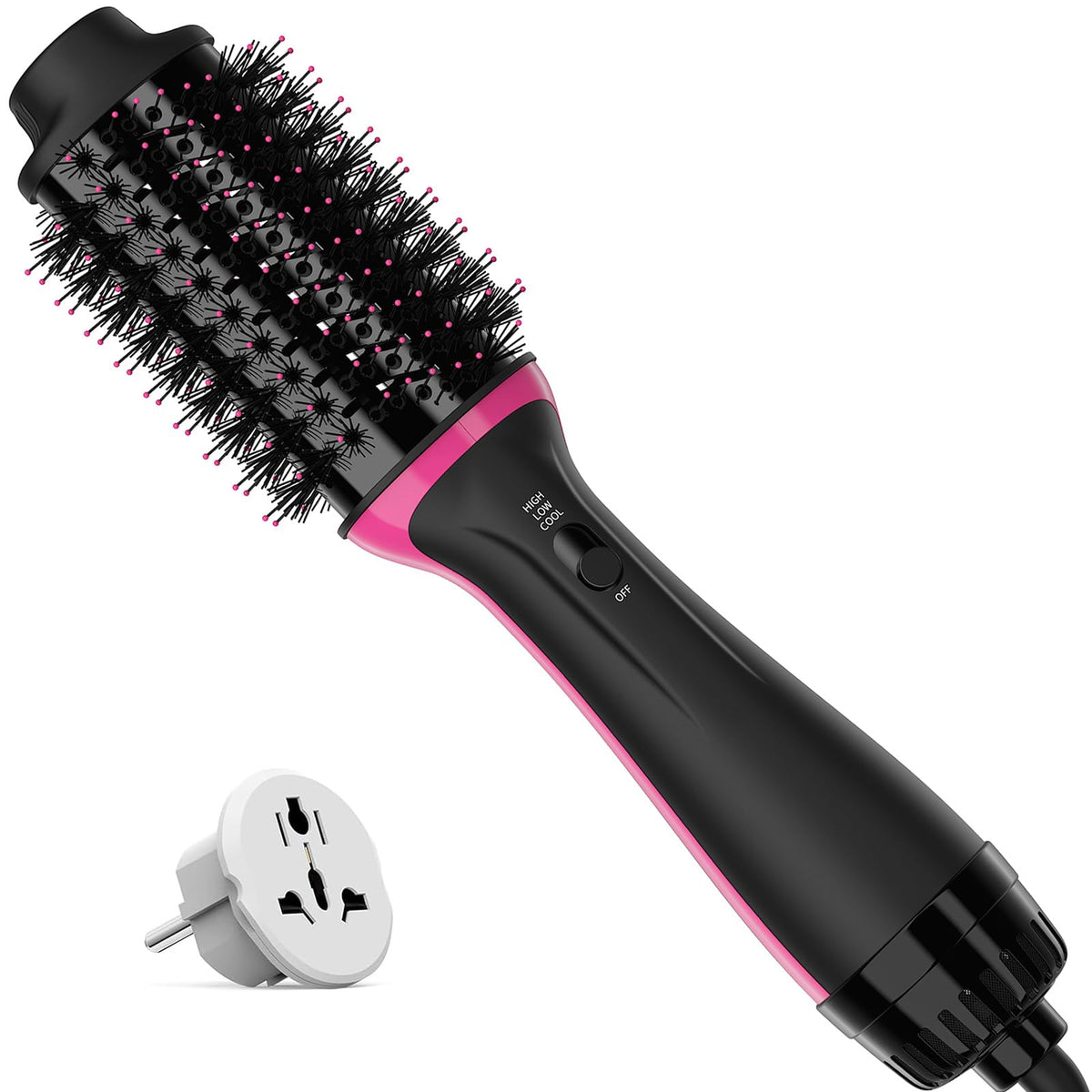 Dimecano Dual Voltage Hair Dryer Brush front view showing compact salon-ready design