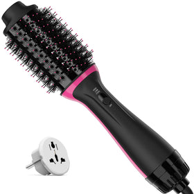 Dimecano Dual Voltage Hair Dryer Brush front view showing compact salon-ready design