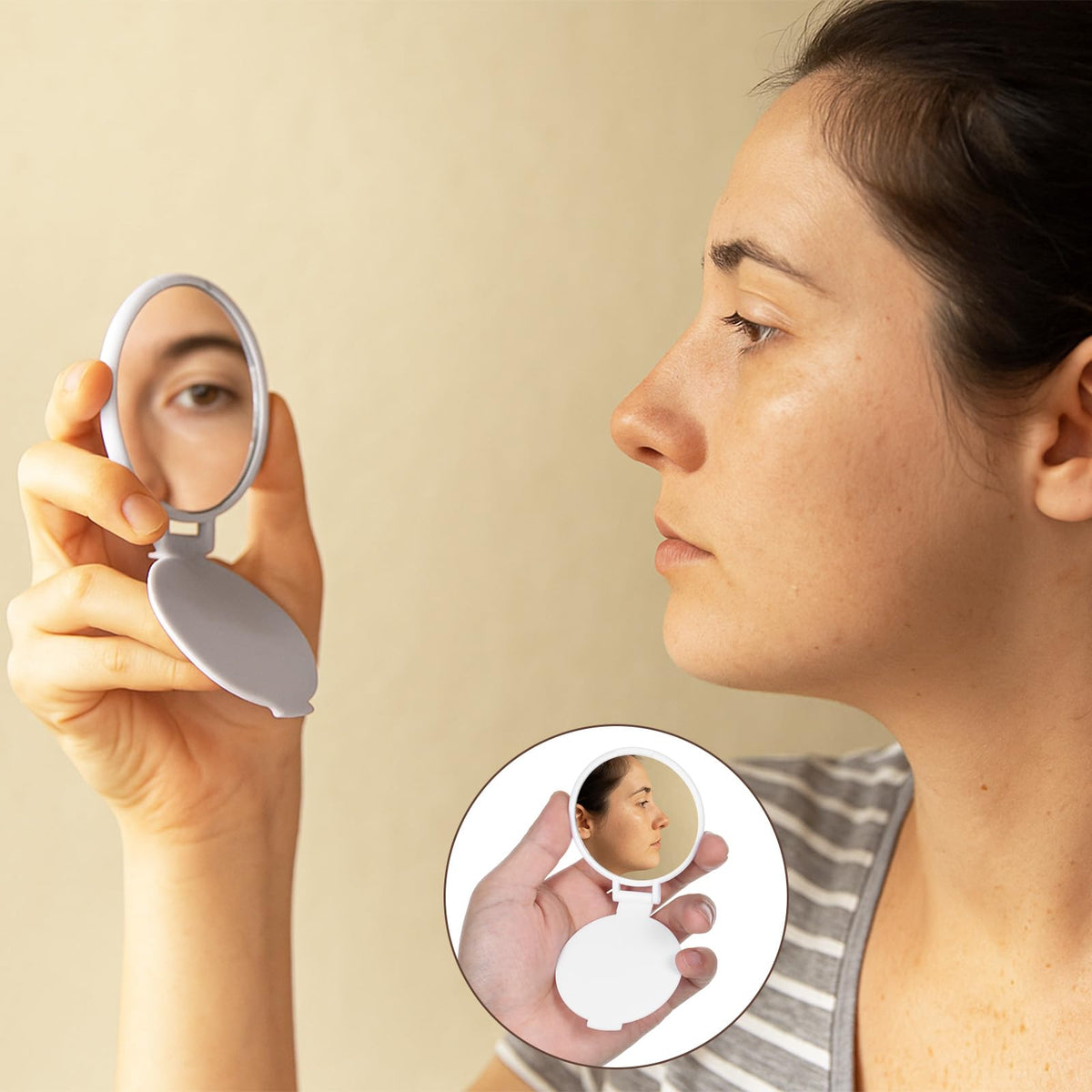Dimeho stand-flat pocket mirror doubles as a desk-side accessory.