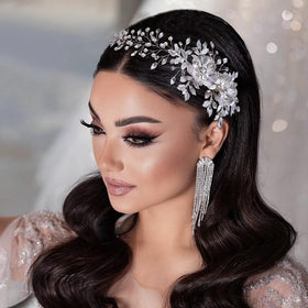 Dimnie bridal headwear hair comb closeup highlighting secure fit for long hair.