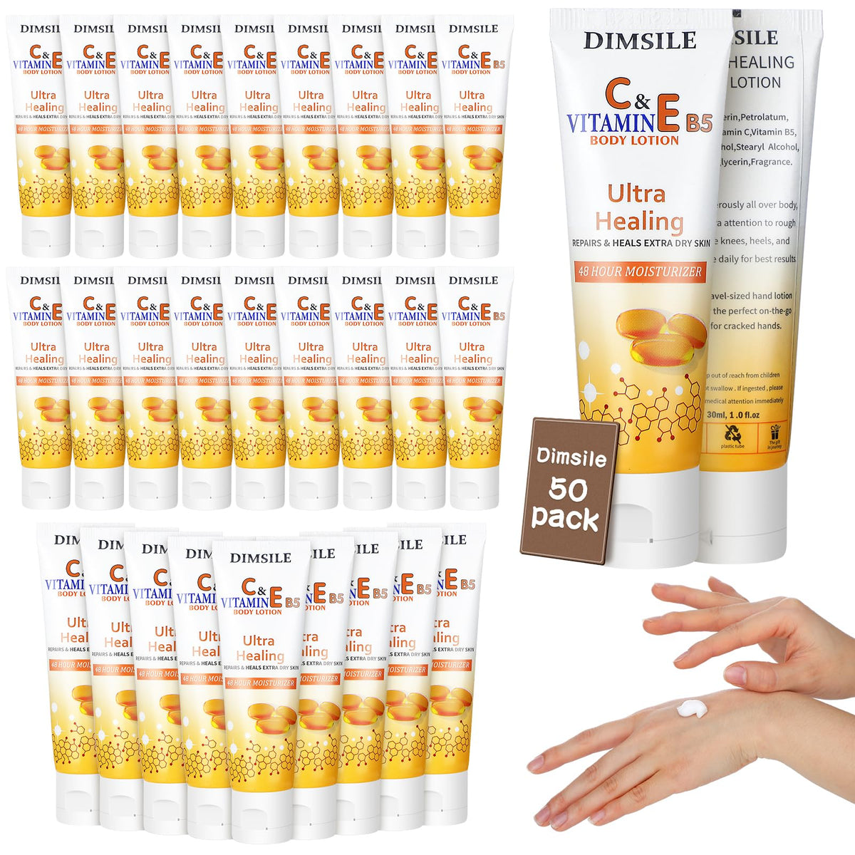Dimsile 50-pack travel-size body lotion bottle for hotel and on-the-go hydration.