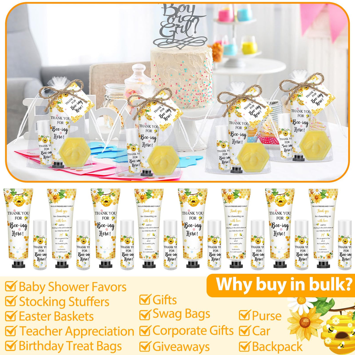 Dimsile baby shower table scene with bee decor and favors.