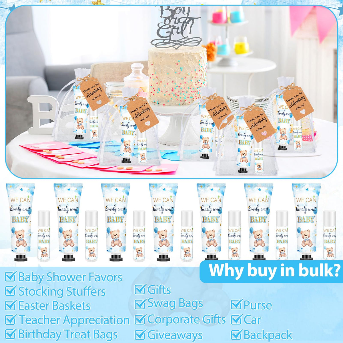 Dimsile baby shower gift set showcases a coordinated blue theme.