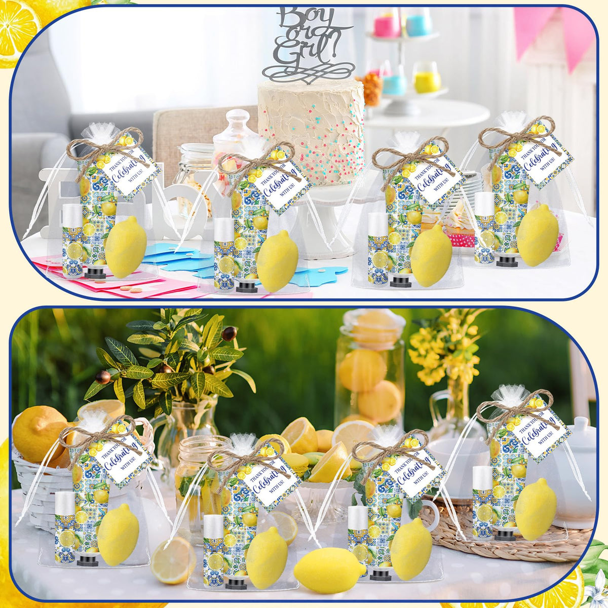 Dimsile Capri lemon-themed favors for weddings or showers on display.