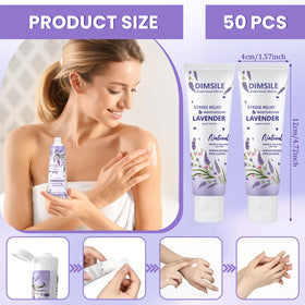 Dimsile fifty-pack lavender body lotion provides bulk value for gifting or donations