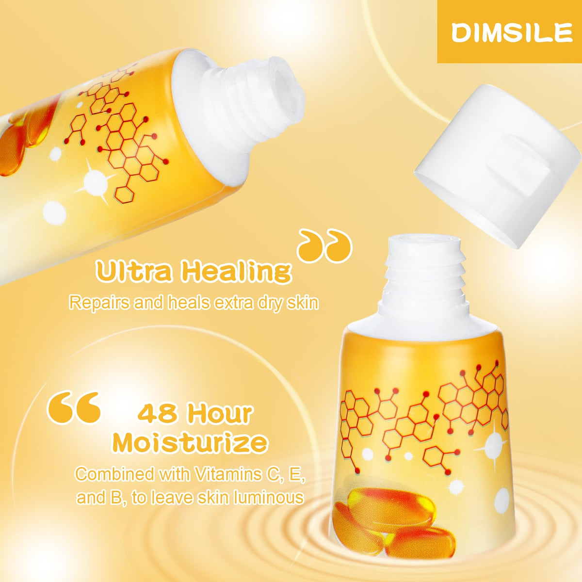 Dimsile hotel-room usage context with compact lotion for dry areas.
