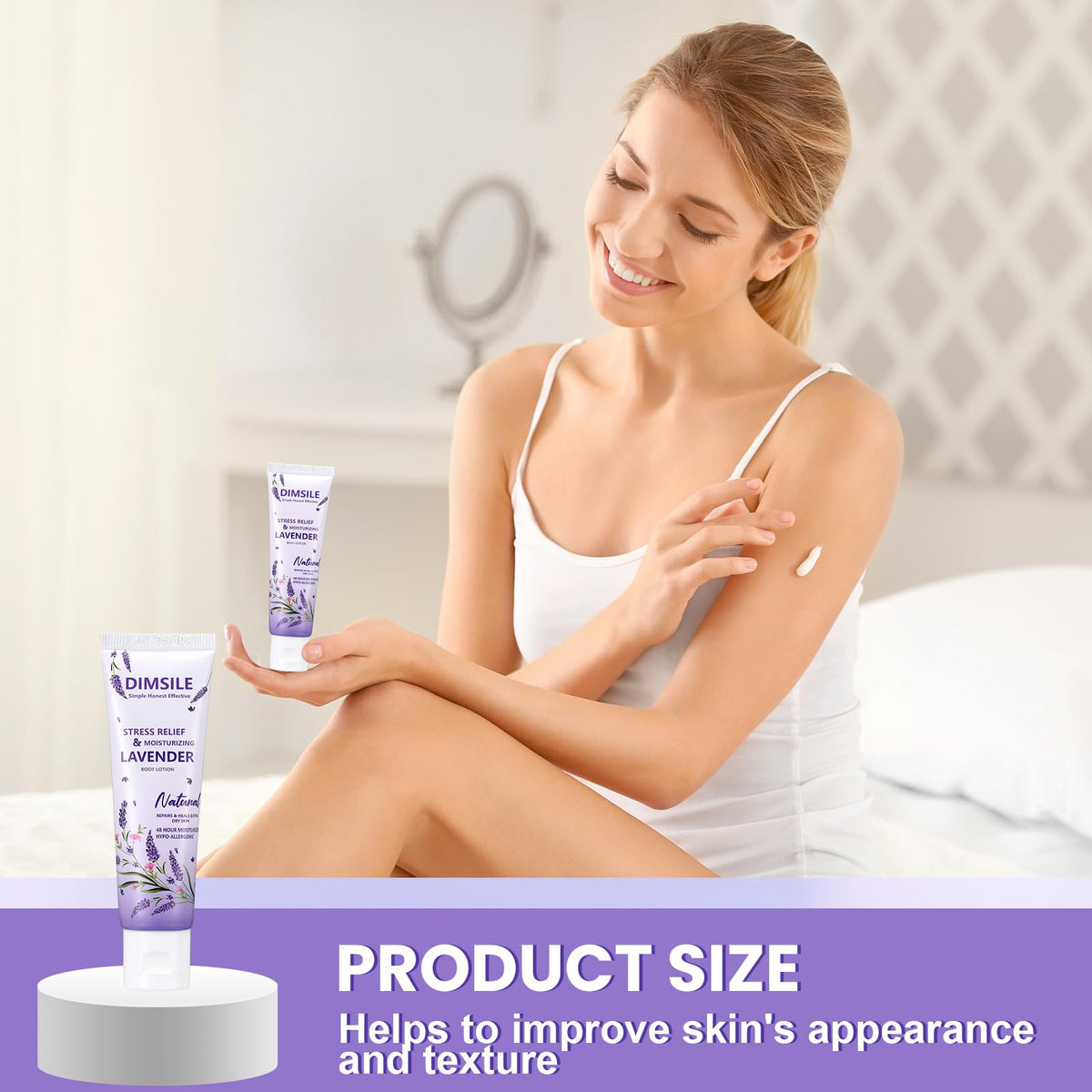 Dimsile lavender lotion with essential oils and vitamins offers a refreshing aroma.