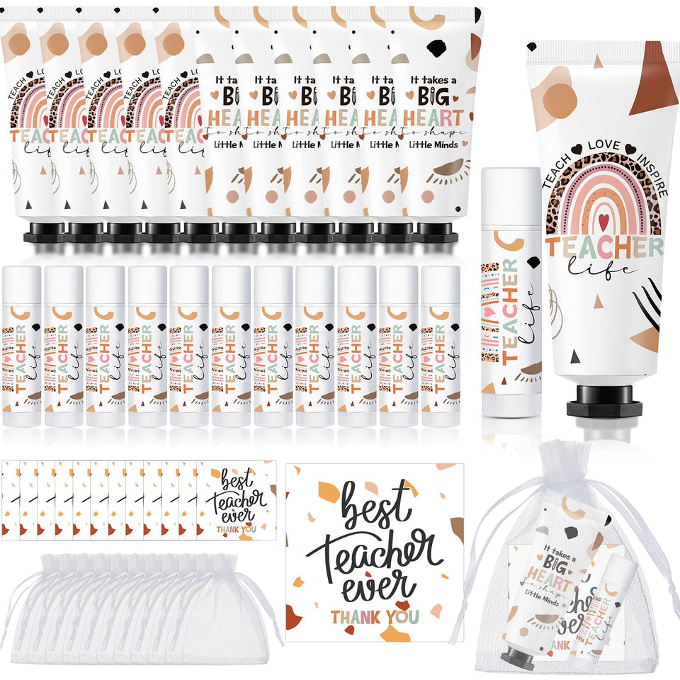 Dimsile teacher appreciation gift set with hand cream and lip balm ready for gifting.