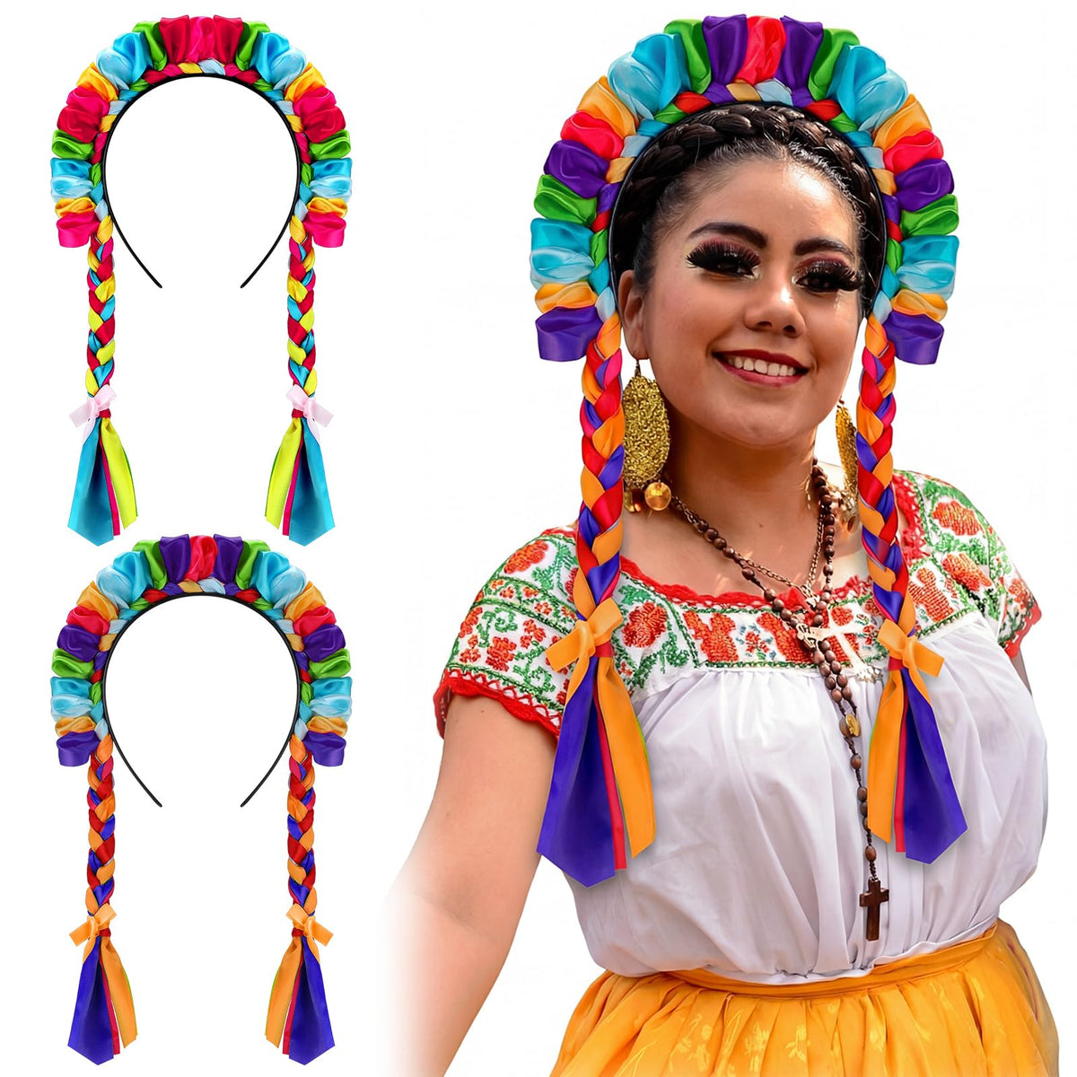 Dingion Mexican Fiesta headband with long braid closeup showing vibrant ribbons for festive events