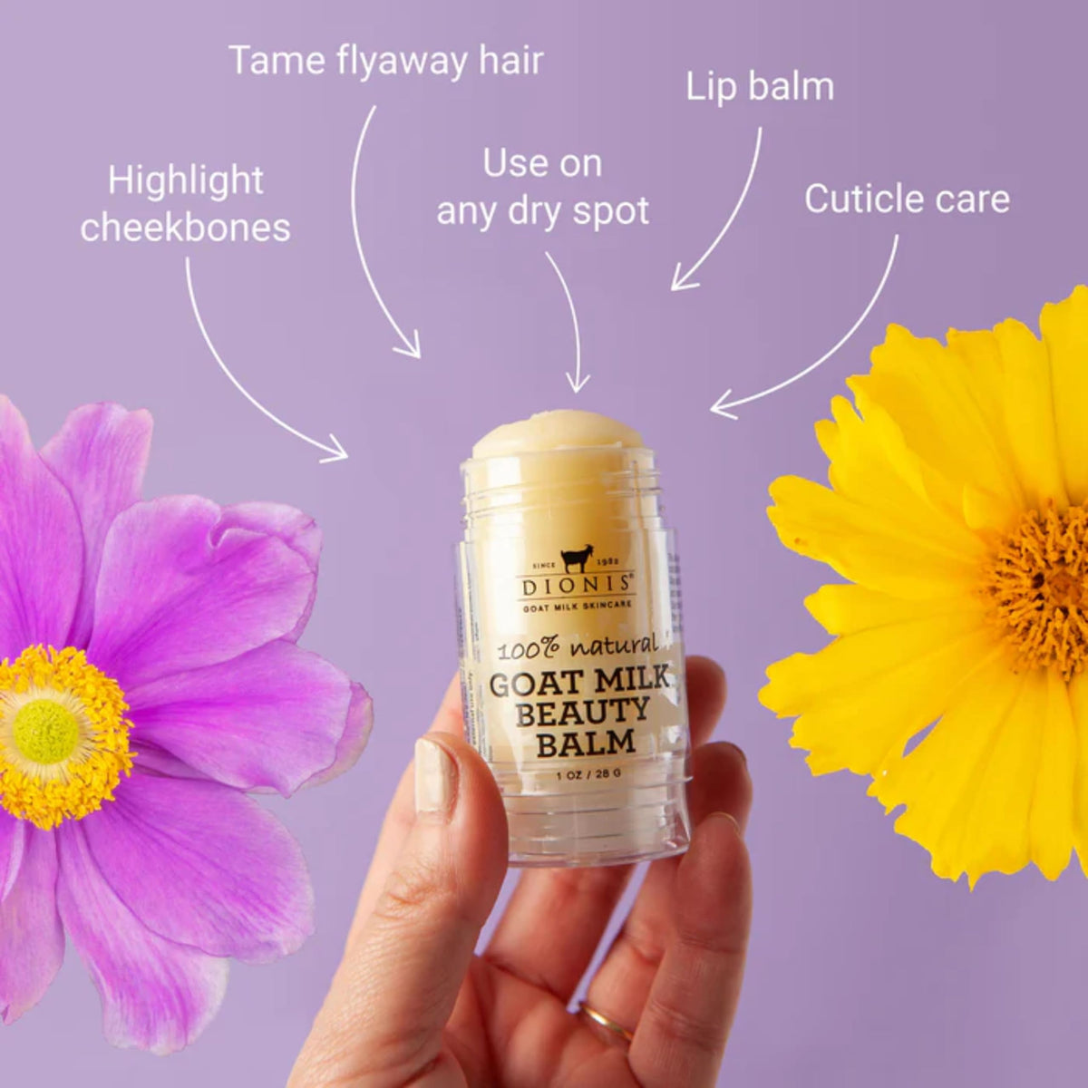 Dionis Goat Milk Balm on lips provides nourishing moisture and subtle shine.