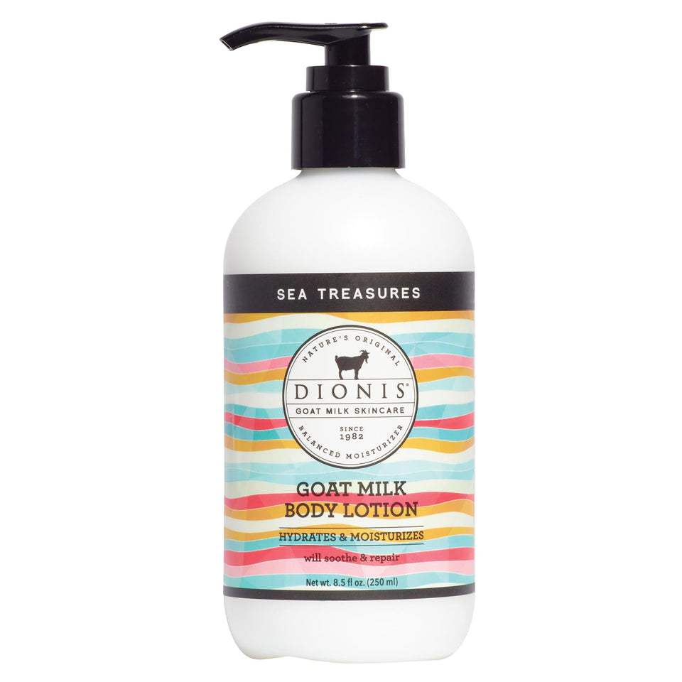 Dionis Goat Milk Body Lotion Sea Treasures bottle glistening for hydrating skin