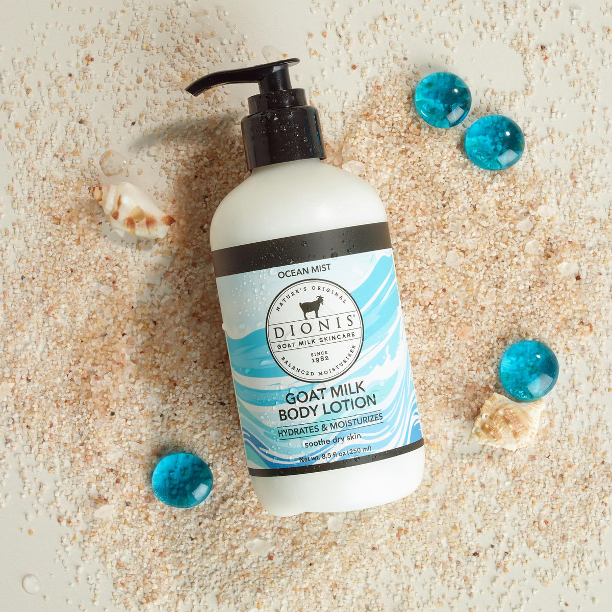 Dionis Goat Milk Body Lotion Ocean Mist texture close-up demonstrating creamy spread and quick absorption
