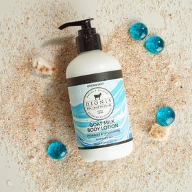 Dionis Goat Milk Body Lotion Ocean Mist texture close-up demonstrating creamy spread and quick absorption