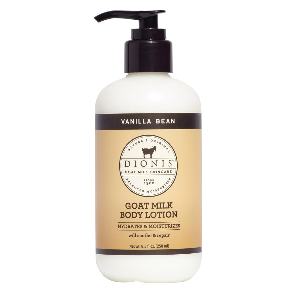 Dionis Goat Milk Body Lotion Vanilla Bean bottle showing warm vanilla fragrance and hydration
