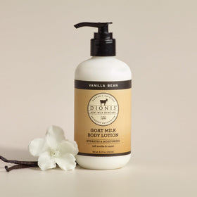 Dionis Goat Milk Body Lotion Vanilla Bean pump demonstrates easy, non-greasy application