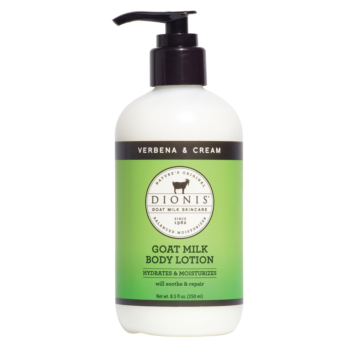 Dionis Goat Milk Body Lotion Verbena & Cream bottle with crisp verbena scent for refreshed skin.