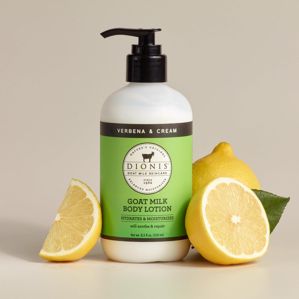 Dionis Verbena & Cream label highlights natural goat milk hydration benefits.