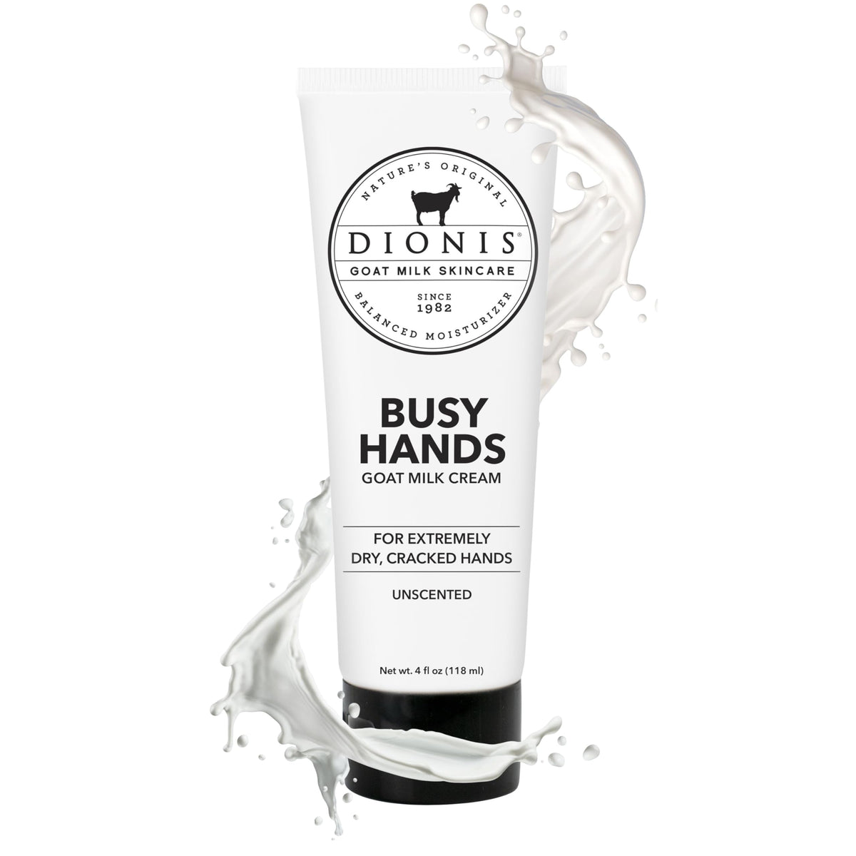 Dionis Goat Milk Busy Hands Cream 4 oz bottle delivers fast-absorbing hydration for dry hands.