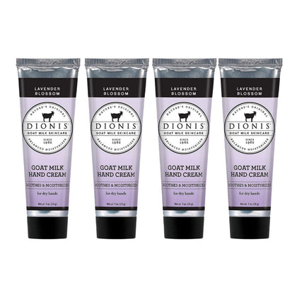 Dionis Goat Milk Hand Cream Lavender Blossom jar shows creamy texture for daily moisture