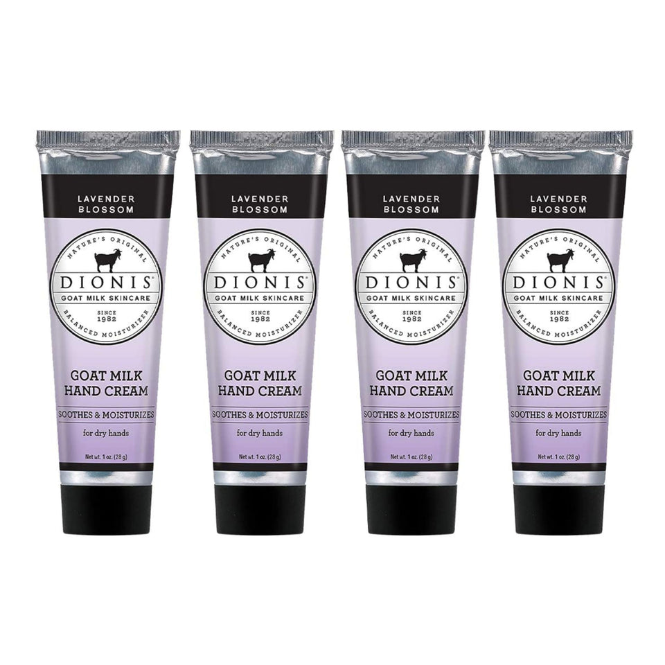 Dionis Goat Milk Hand Cream Lavender Blossom jar shows creamy texture for daily moisture