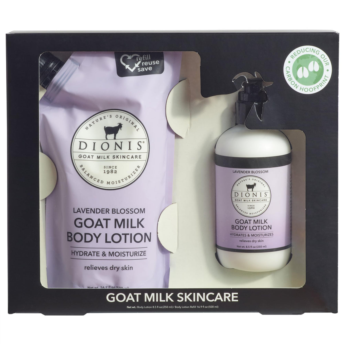Dionis Goat Milk Lavender Blossom bottle shows creamy, non-greasy hydration for daily use
