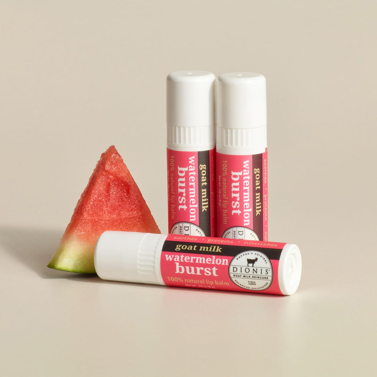 Close-up of Dionis goat milk lip balm showing rich hydration