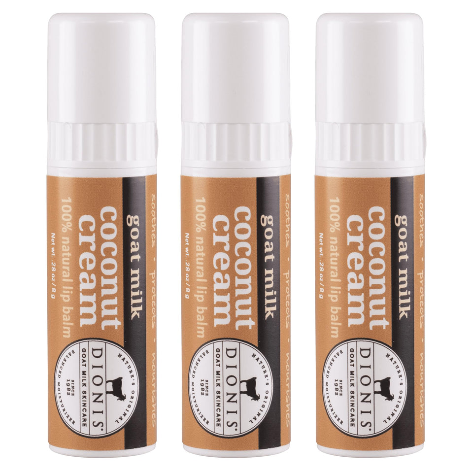 Dionis lip balm packaging shows triple-pack for on-the-go moisture.