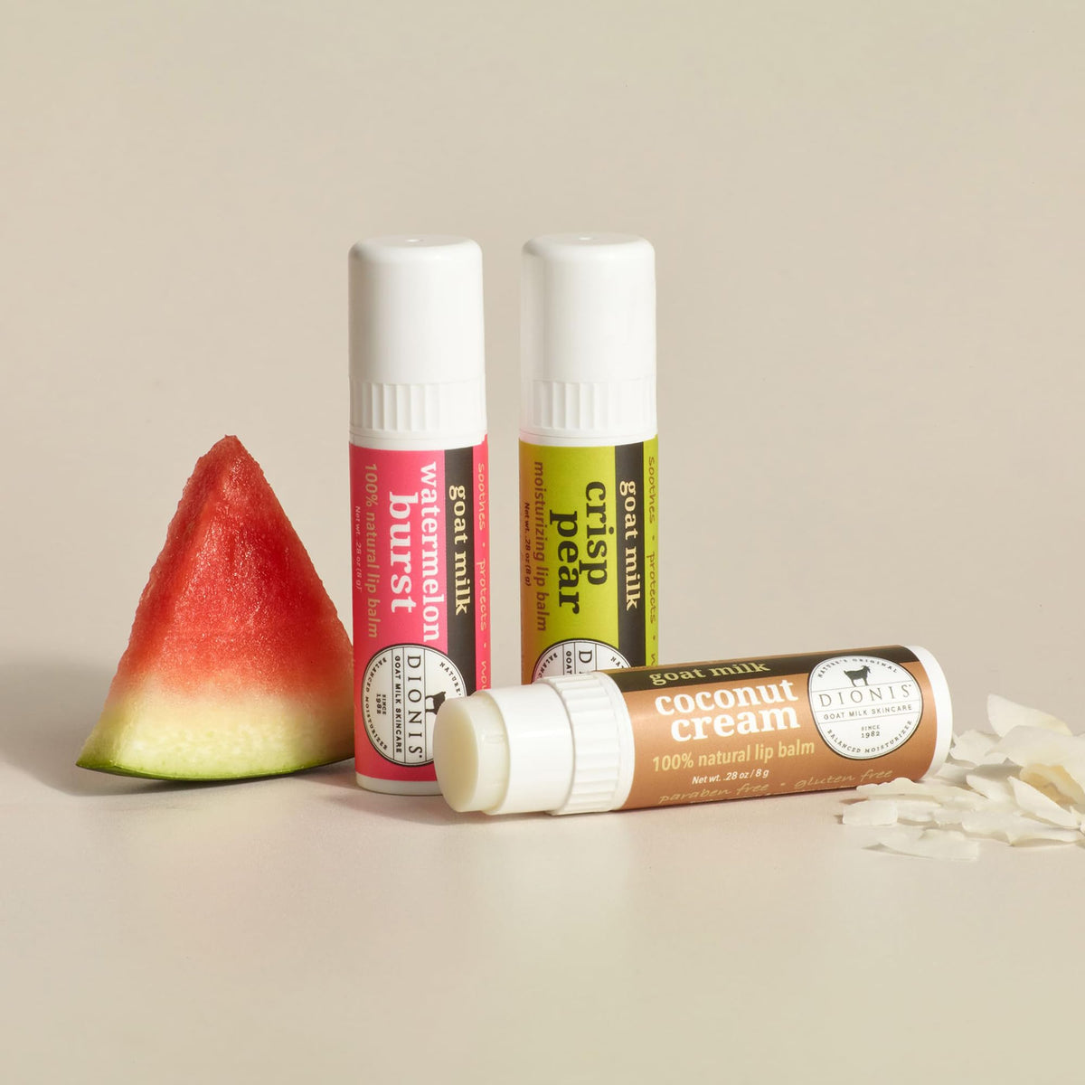 Dionis pear flavor lip balm tube providing long-lasting moisture for daily use.