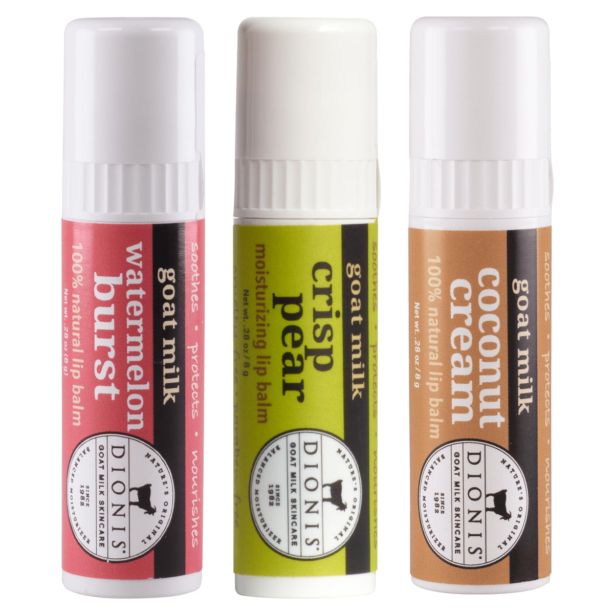 Dionis Goat Milk Lip Balm Set packaging showing three tubes in a gift-friendly box.