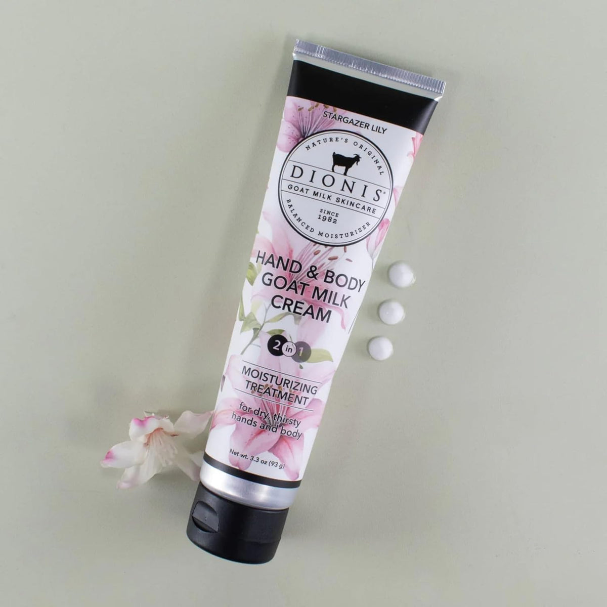 Dionis Goat Milk Stargazer Lily Body Lotion bottle offers lightweight hydration for all over softness