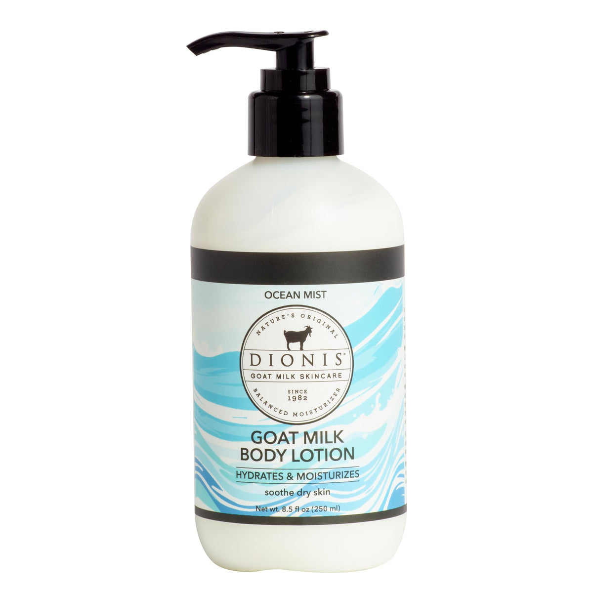 Dionis Ocean Mist Goat Milk Body Lotion bottle on vanity showing hydration