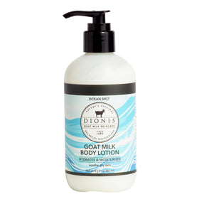 Dionis Ocean Mist Goat Milk Body Lotion bottle on vanity showing hydration