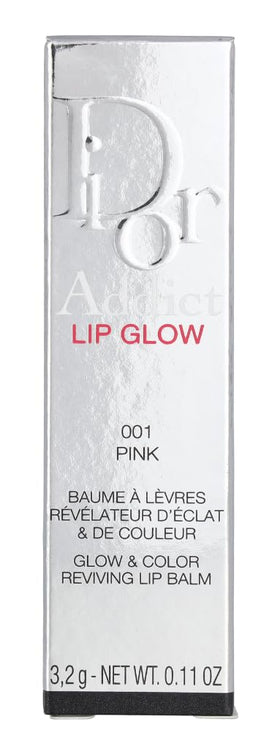 Dior Addict Lip Glow 001 Pink tube close-up shows color and texture.