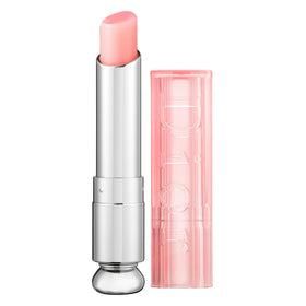 Dior Addict Lip Glow natural pink swatch showing color reviver tech and hydration.