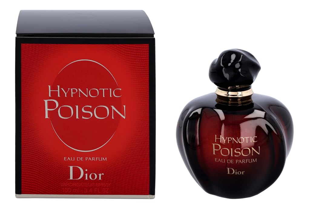 Dior Hypnotic Poison bottle close-up shows almond and vanilla notes for evening wear.