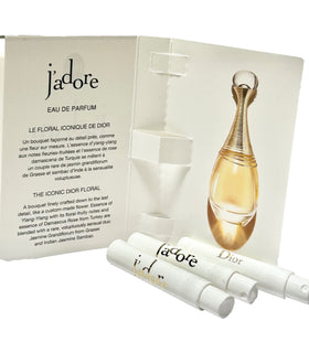 Three Dior J adore vials ready for previewing the women's fragrance in your purse