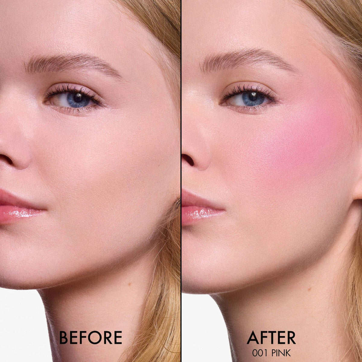 Dior Rosy Glow Blush 001 Pink on cheek shows long-wearing, natural-looking glow