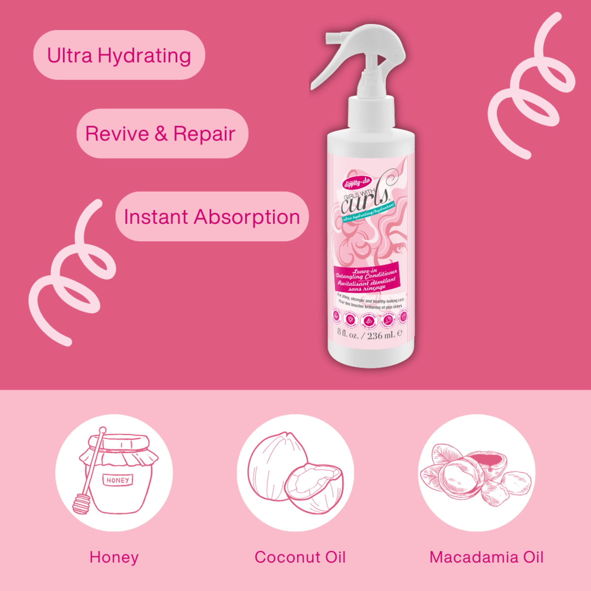 Dippity Do Girls With Curls detangler applied to hair for smoother combing.